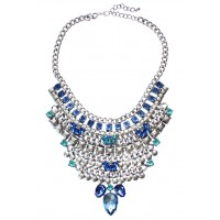 Silver Waterfall Jewel Tone Flower Encrusted Statement Necklace